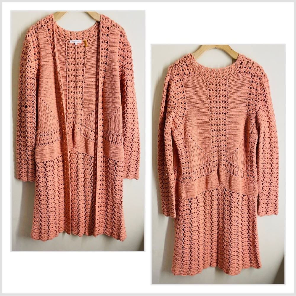 Minnie Rose Crochet Duster Cardigan Peach/Coral size S